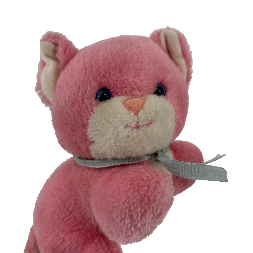 Vintage Pink Kitty Cat Plush Stuffed Animal Blue Eyes & Bow Special Effects 5"